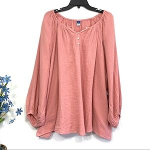 Old Navy Women's Dusty Pink Shirred Double-Weave Long Blouson Sleeve Blouse NWT